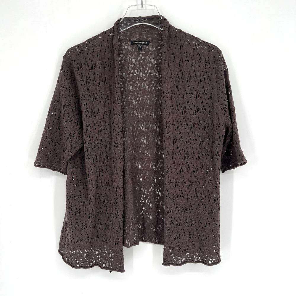 Eileen Fisher Cardigan Womens S Brown Wool Cropped Open Knit Crochet